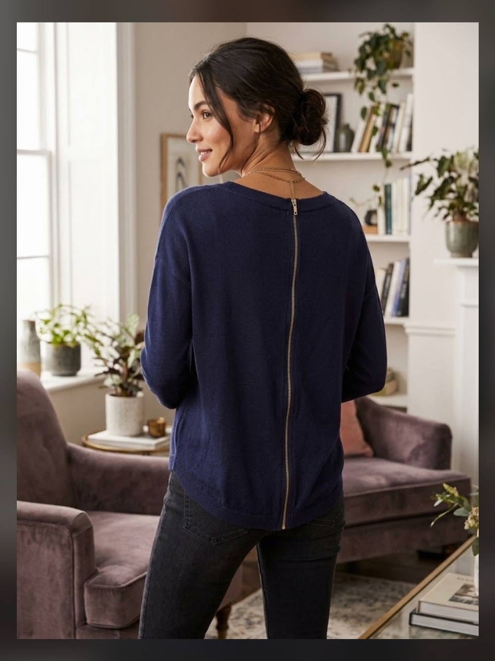 Navy Zip-Back Women's Sweater